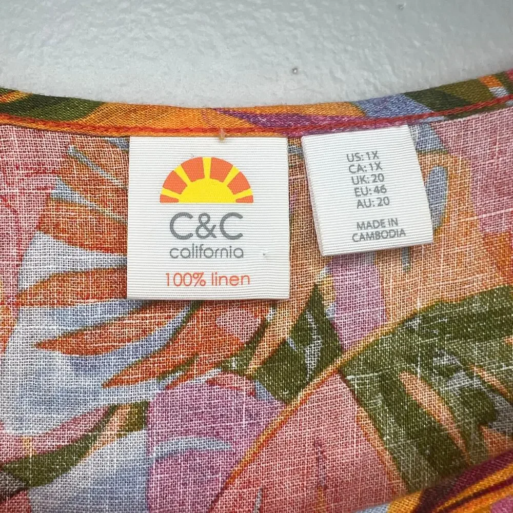 C&C California Leaf Print 100% Linen Tunic Size 1X Resort Beach Boho Relaxed - Picture 3 of 9